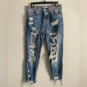 Zara Beaded Striped Waist Distressed Raw Hem Mom Jean